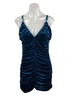 Lulus Women's Blue Velvet Velour Ruched Sleeveless Mini Tank Bodycon Dress Sz XL